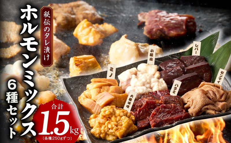 G1785 ホルモンミックス 6種セット 合計 1.5kg 秘伝のタレ漬け【食べ比べ 250g×6種 小分け 焼肉 牛肉 ハラミ ミノ センマイ レバー 小腸 大腸 】