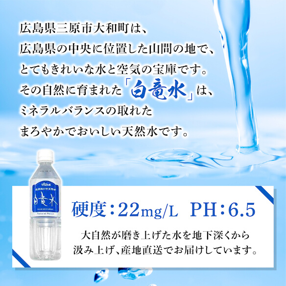 Ｇ７広島サミット2023で提供 広島だいわ天然水 白竜水 500ml×24本×3ケース 水 飲料水 天然水 田治米鉱泉所 ミネラル 軟水 ペットボトル 備蓄 災害用 防災 家庭備蓄 035005