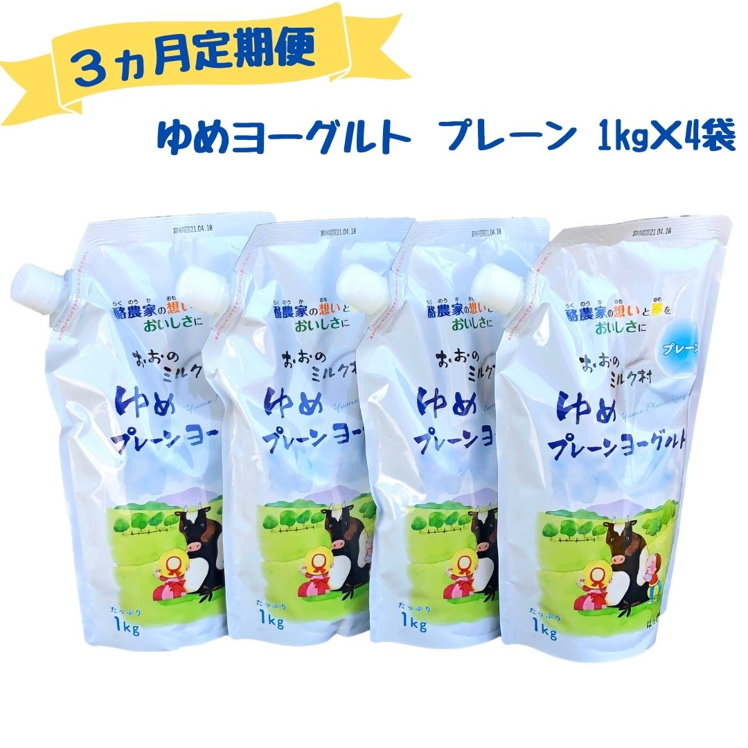 【ふるさと納税】 【3ヵ月定期便】おおのミルク村 ゆめヨーグルト（プレーン）1kg×4袋 酸味を抑えた無糖タイプ 乳酸菌 酪農家の味
