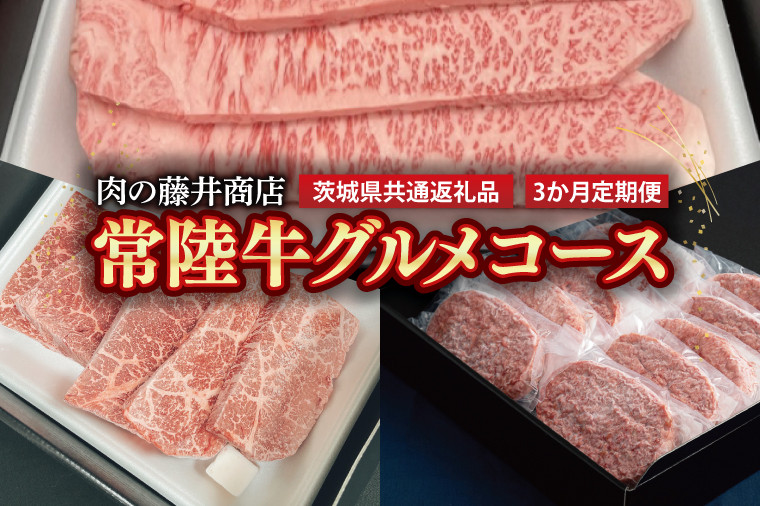 
【常陸牛】肉の藤井商店（定期便）常陸牛グルメコース ～至福の3ヶ月～ 定期便 3か月 贅沢牛肉定期便 高級牛肉 贅沢牛肉 毎月お届け 最高級牛肉 ギフト定期便 豪華牛肉 A5 厳選 サーロイン モモステーキ ハンバーグ 高級ステーキ 特選ステーキ お中元 お歳暮 国産 牛肉 肉 お肉 最高級 ブランド牛 贈答 化粧箱 黒毛和牛 和牛 国産黒毛和牛 国産牛（茨城県共通返礼品）(FL-30)
