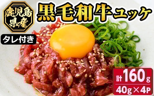 
                  s141 鹿児島県産黒毛和牛ユッケ(計160g・40g×4パック)タレ付き！ 鹿児島 国産牛 九州産 牛肉 黒牛 生食用 小分け 冷凍 ユッケ 黒毛和牛 牛 【カミチク】
                