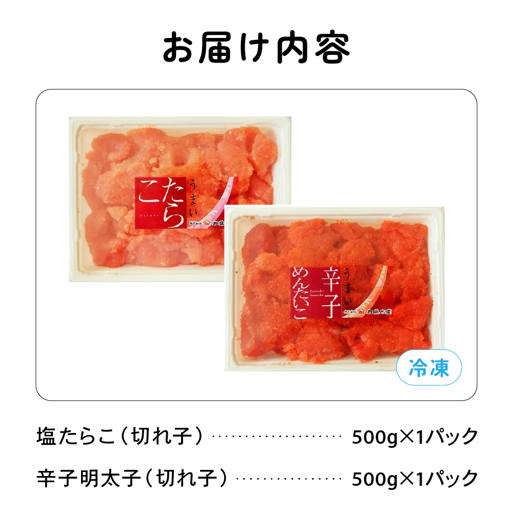 訳あり塩たらこ・辛子明太子切子セット(500g×各1パック) バラ子 切れ子 たらこ 明太子 加藤水産 ひとくちサイズ 切子 不揃い つまみ おつまみ R002-006_イメージ2
