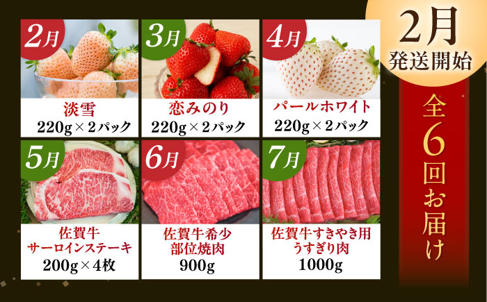 【先行予約】【全6回定期便】佐賀県の生産者を応援！いちごと佐賀牛を楽しむ定期便 / 白いちご いちご ステーキ 焼肉 すきやき 佐賀牛 / 佐賀県ふるさと納税 [41AAZZ009]