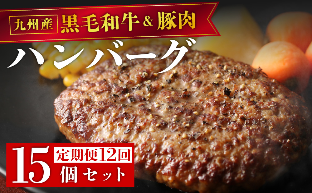 ＜定期便・全12回＞九州産黒毛和牛と九州産豚肉 ハンバーグ 15個セット | 国産牛 国産豚 肉汁 ジューシー 九州産 個包装 小分け 無添加 冷凍 惣菜 おかず 夕食 時短 簡単調理 送料無料 福岡県 那珂川市