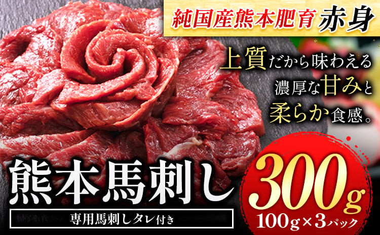 
            赤身馬刺し300g【純国産熊本肥育】 たっぷり300g 約100g×3 ブロック (タレ5ml×3袋) 馬肉 生食用 冷凍《30日以内に出荷予定(土日祝除く)》送料無料
          