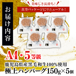 ＜A4・A5等級＞鹿児島県産 黒毛和牛100%使用 極上ハンバーグ(計750g/150g×5個) 黒毛和牛 和牛 ハンバーグ 冷凍ハンバーグ 肉 牛肉 国産 九州産 鹿児島県産 ミンチ 100% 小分