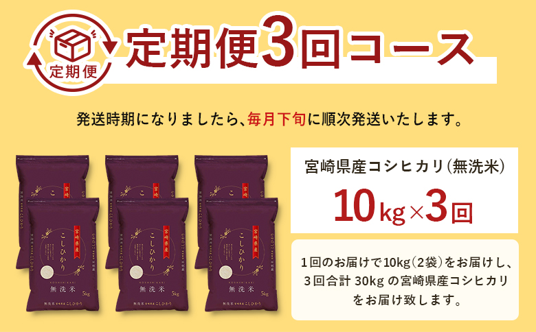 【3か月定期便】無洗米 ＜チャック付＞ 新米 国産 令和8年産 コシヒカリ 10kg×3回 宮崎県産 お米 白米 おすすめ 簡単 ご飯 弁当 精米 おにぎり