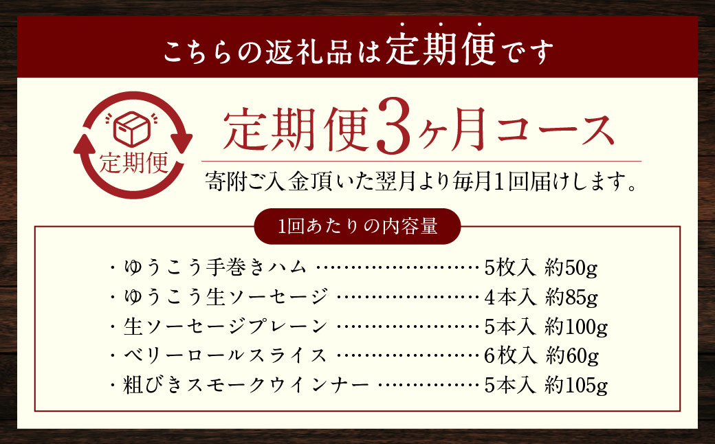 【全3回定期便】長崎伝統柑橘【ゆうこう】食べ比べセット ／ ゆうこう手巻きハム ゆうこう生ソーセージ 生ソーセージプレーン ベリーロールスライス 粗びきスモークウインナー 豚肉 お肉 惣菜 ギフト 長