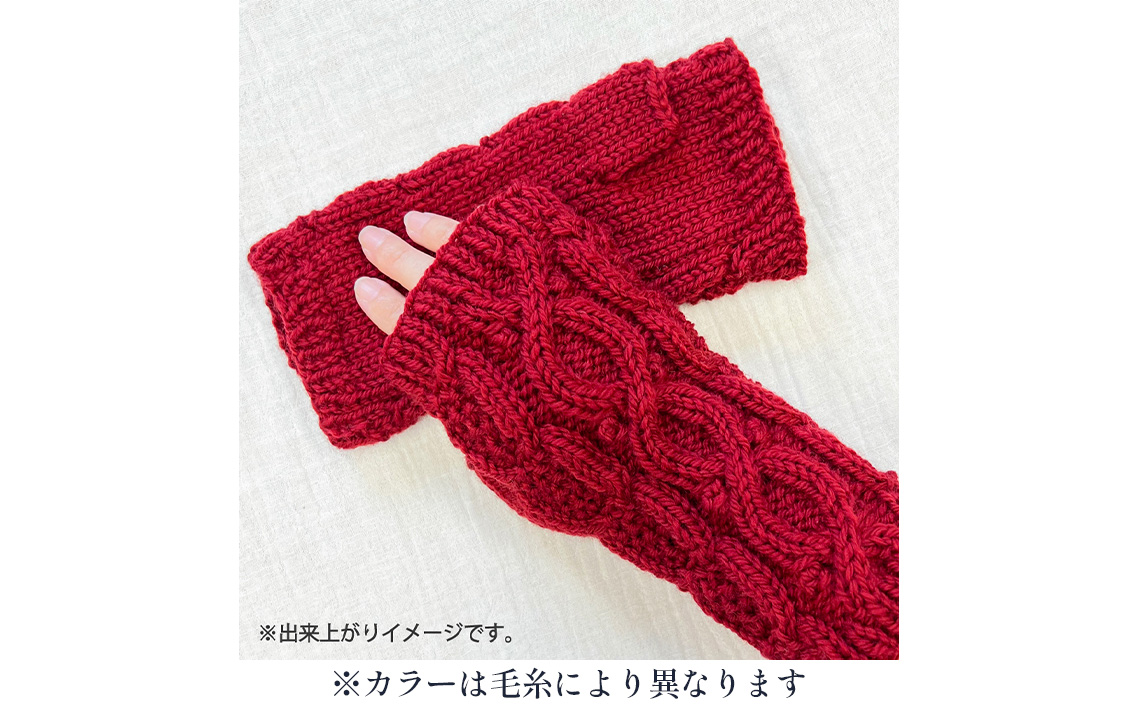 毛糸 2玉で編めるケーブル模様のハンドウォーマーキット 12番色 ／ 編み物キット ハンドウォーマー ウルグアイウール 並太  模様編み ハンドメイド 趣味 手作り 編み図付き 愛知県 No.346