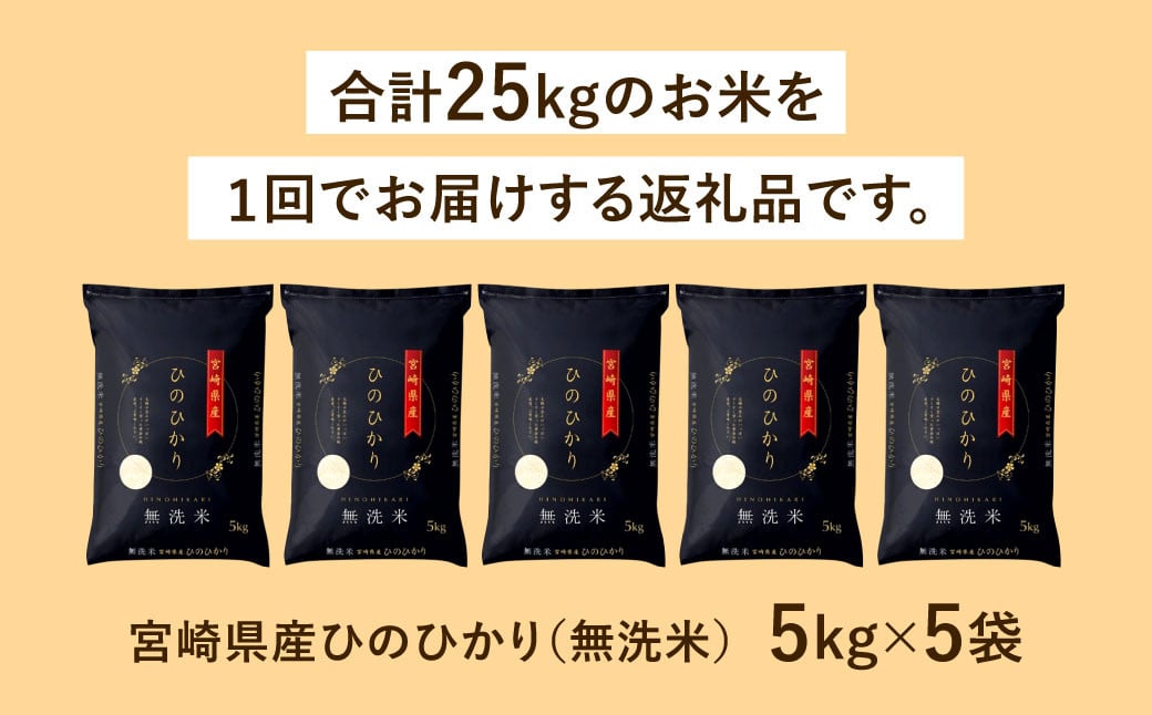 ＜令和7年産「宮崎県産 ヒノヒカリ （無洗米）」5kg×5袋 計25kg＞2025年11月上旬以降順次出荷 米 コメ 精米 無洗米