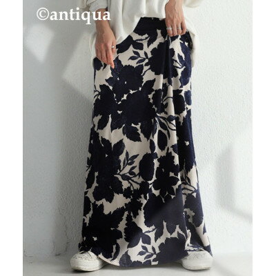 【ふるさと納税】【ANTIQUA/アンティカ】花柄 ロングスカート ボトムス ネイビー(KE-03260-20-F)【1639356】