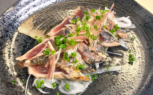 四万十市場のカツオ塩たたき自家製塩ポン酢(塩振り、スライス済み、血合い抜き)・カツオ生節醤油漬けセット