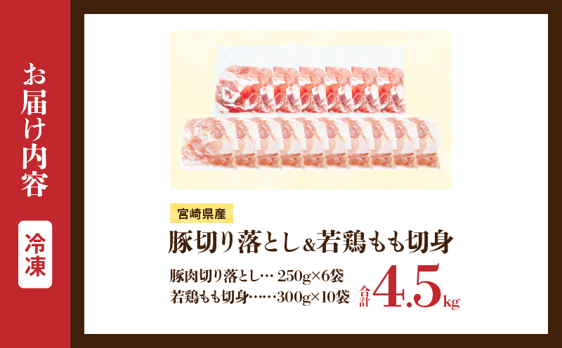 宮崎県産 豚肉切り落とし＆若鶏もも切身セット 合計4.5kg 肉 豚 鶏肉 小分け 真空パック 国産 食品 万能食材 豚丼 焼肉 から揚げ とり天 炒め物 おかず お弁当 おつまみ 詰め合わせ 食べ比べ おすすめ 冷凍 宮崎県 日南市 送料無料_CD72-25