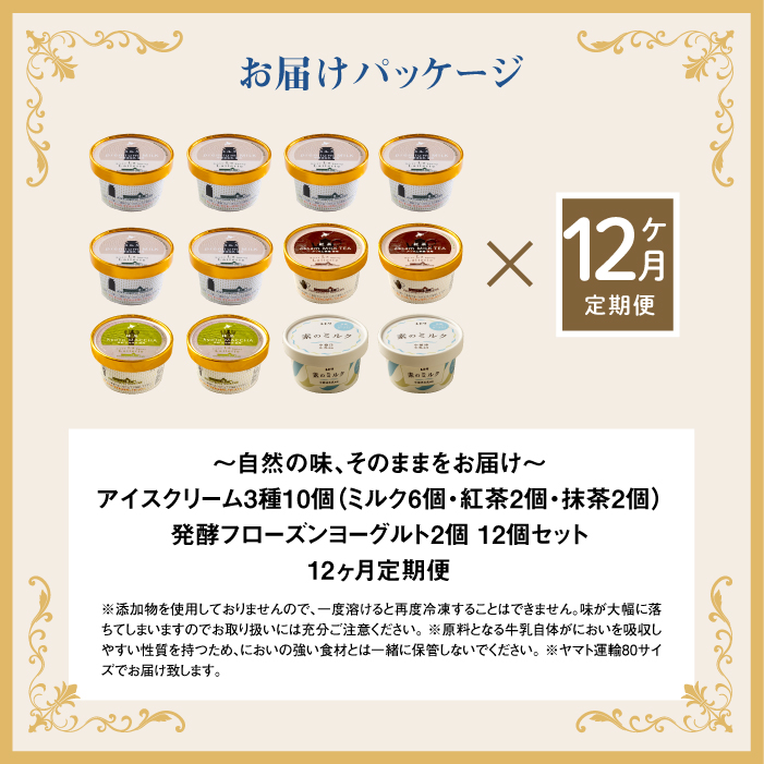 【定期便：全12回】【無添加】北海道 アイスクリーム3種×10個（ミルク・紅茶・抹茶）とフローズンヨーグルト×2個セット【1104901】