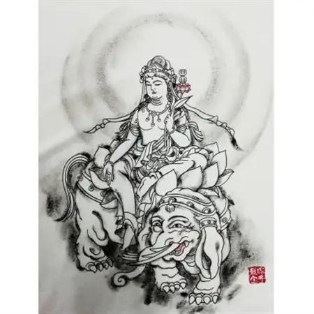 手描きTシャツ 仏画 普賢菩薩 白 (半袖 Lサイズ)【1615106】