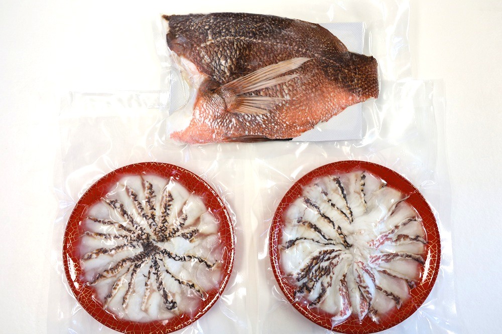 康秀の千年鯛 皮付きフィレ 1枚・皮付きスライス 2皿