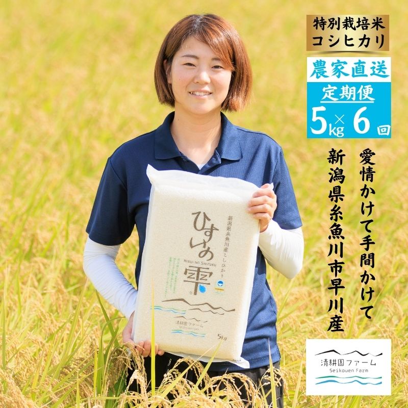 【ふるさと納税】 新潟県産 コシヒカリ 『ひすいの雫』 「6ヵ月定期便」 5kg×6回 毎月お届け (計30kg） 令和7年産 農家直送 糸魚川 清耕園ファーム プロも認めたうまいコメ 特別栽培米 新潟県産コシヒカリ 5kg 美味しい 農家自慢 お米 白米 おにぎり お弁当 コメ 米