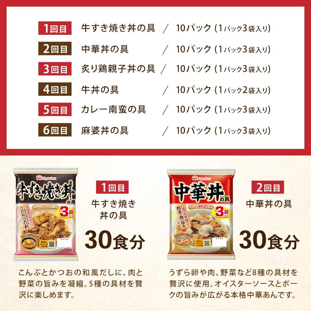 【6回定期便】仕送り定期便（丼コース） 6種 170食分 / 小分け レトルト どんぶり 丼 簡単 温める 仕送り 大学生 一人暮らし 単身赴任 防災 保存食 長期保存 常温 / 諫早市 / 日本ハム