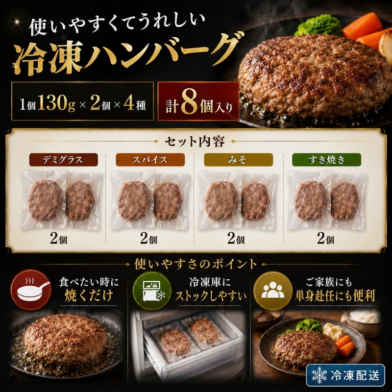 自家製ハンバーグ 4種 130g（各2個 計8個) ハンバーグ 惣菜 冷