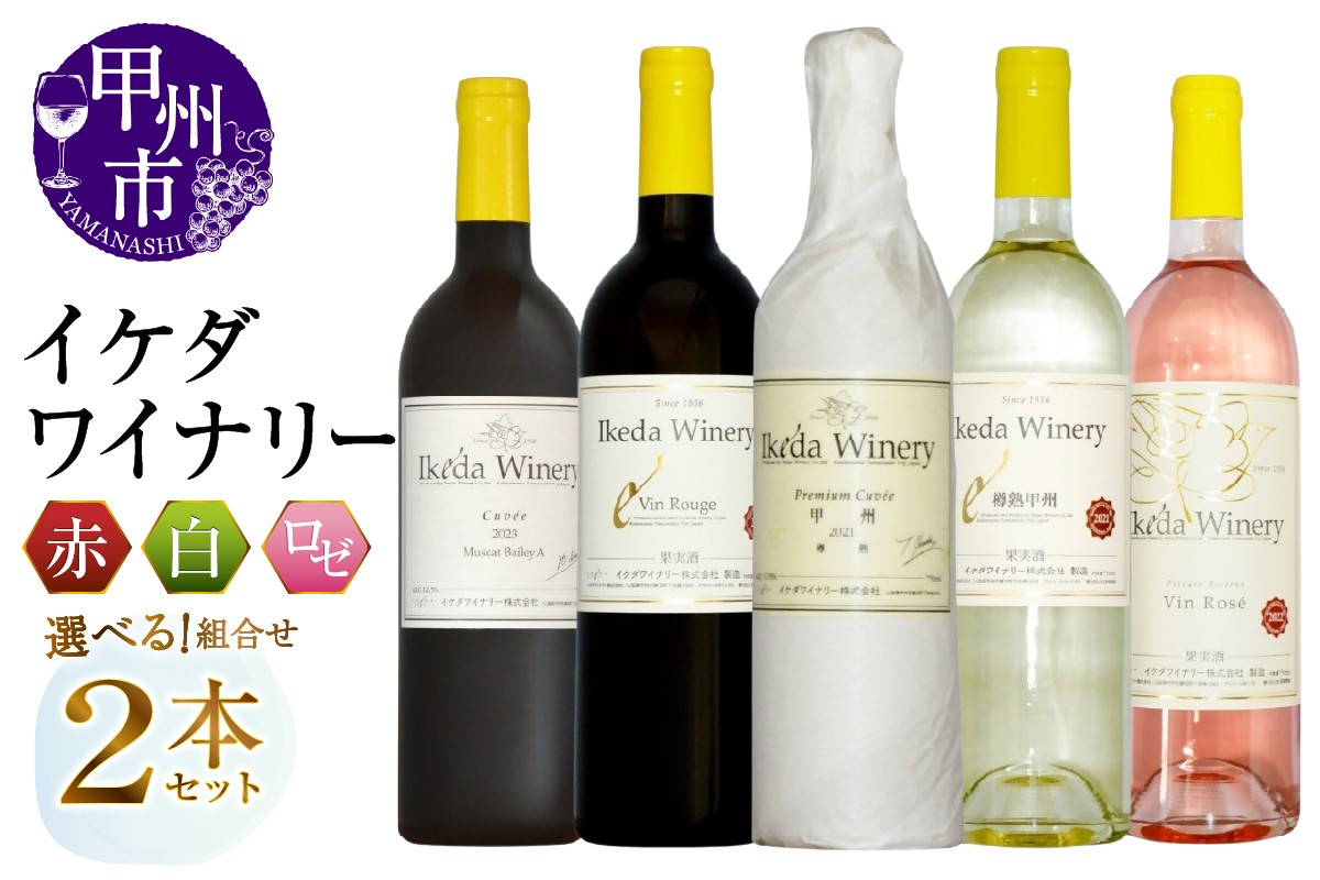 
                  【選べる組合せ】イケダワイナリー 2本セット【プレミアム・キュヴェ 甲州／樽熟甲州／マスカットベリーA／ヴァン・ルージュ／ヴァン・ロゼ】（MG）【ワイン 赤ワイン 白ワイン ロゼ ミディアム やや辛口 やや甘口 甲州市 山梨県】
                