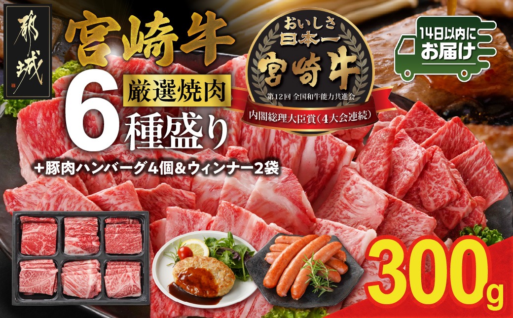 宮崎牛6種盛り焼肉食べ比べ300g+豚肉ハンバーグ&ウィンナー≪みやこんじょ快速便≫_16-N204-R-ESHW-CF
