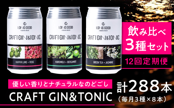 
【12回定期便】LONG GOOD クラフト・ジントニック3種セット 各種8本 計24本 カフィアライム＋ローズ 黒文字＋ベルガモット グリーンティ＋ジャスミン 岐阜市/ビストロノミー [ANCG015]
