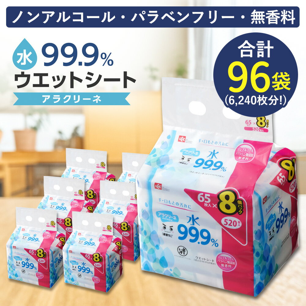 【ふるさと納税】ウエットシート 水99.9％ ノンアルコール アラクリーネ 65枚入×8パック×12袋（計6240枚） [ コンパクト オーバーストップ機能 シート 取り出しやすい 無香料 パラベンフリー 持ち歩き 手口拭き 便利 日用品 送料無料 まとめ買い 三豊市 返礼品 レック ]