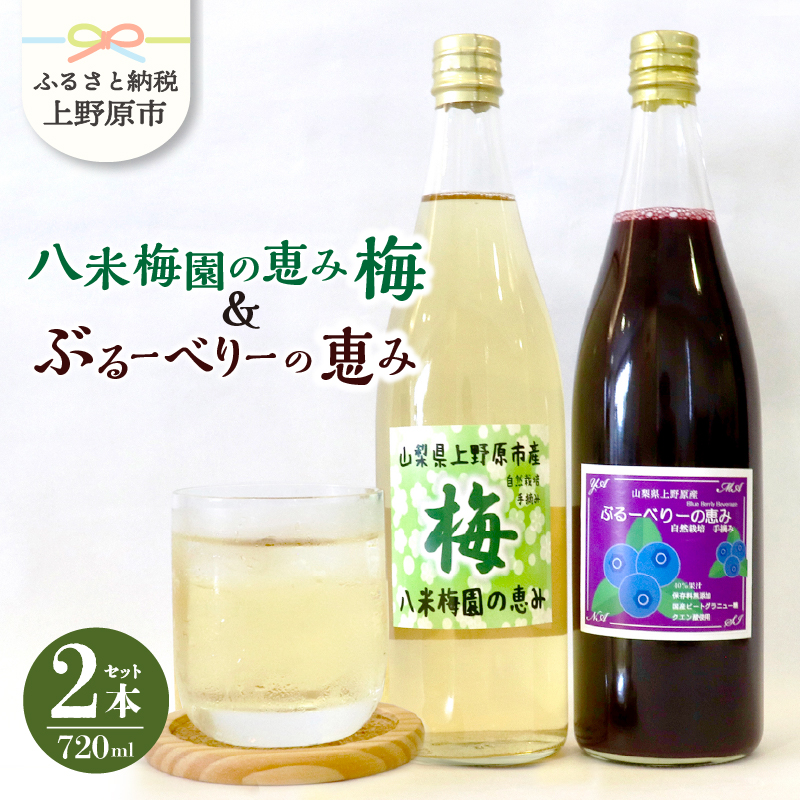 【ふるさと納税】八米梅園の恵み&ブルーベリーの恵み(720ml×2本) 梅ジュース ブルーベリージュース 無添加 自然栽培 八米梅園 国産 保存料不使用 梅果汁入り 濃厚 飲料 ドリンク 美味しい 瓶 夏ギフト 贈り物 お取り寄せ 山梨県産 上野原市