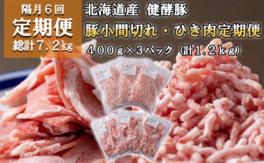 ＜定期便6回＞ 北海道産 健酵豚 小間切れ ＆ ひき肉 計 1.2kg (全7.2kg)