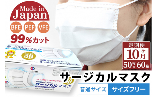 
《定期便10ヶ月》国内製造 高性能サージカルマスク 普通サイズ 50枚入り×60箱 (合計3,000枚)×10回 10か月 10ヵ月 10カ月 10ケ月
