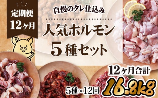 E373p 【全12回定期便】おつまみ！焼肉！ ホルモン 人気5種セット 計1.4kg 総計16.8kg【長崎 豊味館】小分け 冷凍 焼肉セット おつまみ 牛ハラミ 豚ハラミ はらみ タン ミックスホルモン
