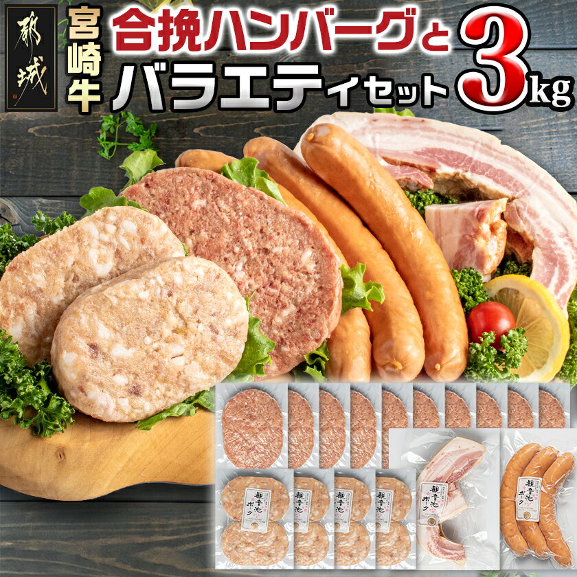 【ふるさと納税】宮崎牛合挽ハンバーグとバラエティ3kgセット - ジューシーな合挽ハンバーグ(160g×10) ブランドポーク 観音池ポークの豚バーグ(100g×8個) トンバーグ ベーコン チーズ入りフランク 送料無料 17-1507【宮崎県都城市は2年連続ふるさと納税日本一！】