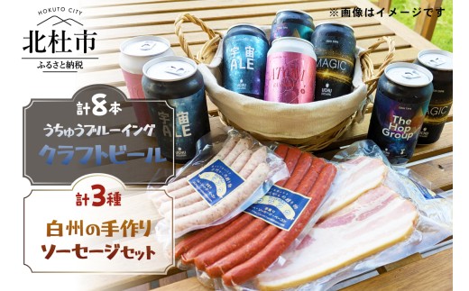 うちゅうブルーイング クラフトビール8本と名水百選で知られる白州の手作りソーセージ3種セット ソーセージ ウインナー ベーコン 詰め合わせ セット 350ml 宇宙ビール うちゅうブルーイング シポラタウインナー チョリソーソーセージ ソフトベーコン 食べ比べ 飲み比べ