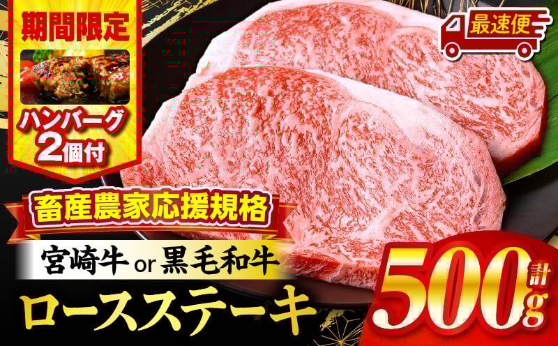 
            【発送時期が選べる】【期間・数量限定】畜産農家応援！宮崎牛or黒毛和牛ロースステーキ250g×2・国産牛ハンバーグ100g×2個 牛肉 肉 ステーキ 焼肉 高級 みやざき ミヤチク みやちく 宮崎牛 黒毛和牛 和牛 ロースステーキ ロース 宮崎牛ステーキ すてーき 贈答 国産 国産牛 人気 おすすめ 500g 2枚 ギフト プレゼント 誕生日 宮崎 _M132-014-SKU 
          