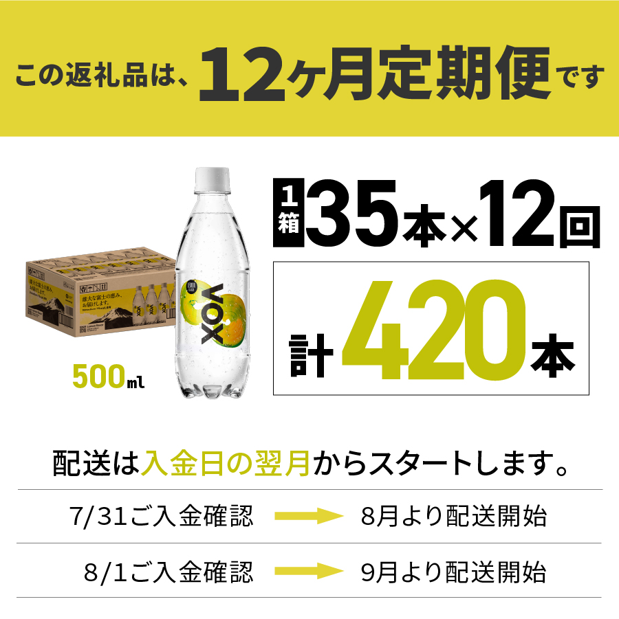 【12か月定期便】VOX レモンフレーバー バナジウム 強炭酸水 500ml 35本 【富士吉田市限定カートン】