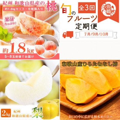 【発送月固定定期便】紀州和歌山産旬のフルーツセット(桃・梨・ひらたねなし柿)全3回【配送不可地域：離島・北海道・沖縄】【4052599】