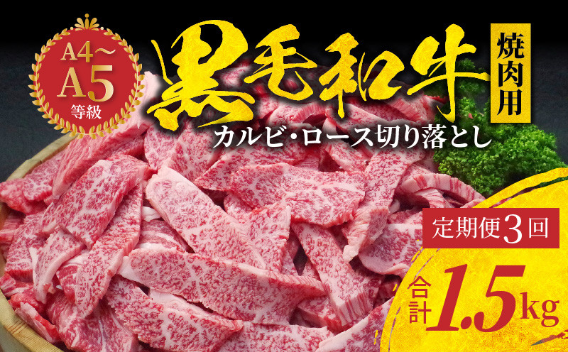 
S001-026-T03_【定期便3回】黒毛和牛 焼肉 カルビ ロース 切り落とし 500g A4～A5 3ヵ月連続お届け
