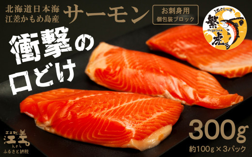 ＼配送月指定可／北海道産 サーモン お刺身用ブロック 300g（約100g×3P）　日本海 かもめ島海面養殖　純国産 ブランドサーモン『江さしっ子 繁虎』　衝撃の口どけ　とろける脂　生食可　冷凍　小分け　個包装　トラウトサーモン　刺身　サーモンステーキ　カルパッチョ　海鮮　鮭　さけ　シャケ　しゃけ　さーもん　のし対応可　贈答用　ギフト　お中元　お歳暮