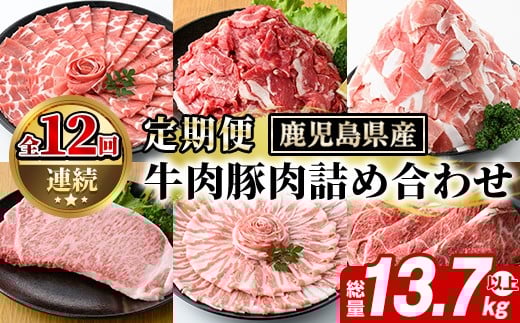 ＜定期便・全12回(連続)＞鹿児島県産 牛肉・豚肉 詰め合わせ (総量13.7kg以上) 国産 鹿児島県産 黒豚 しゃぶしゃぶ 肩 ロース スライス 訳あり 切り落とし 黒毛和牛 サーロイン ステーキ 黒豚 バラ 経産牛 カタ ウデ 小分け セット akn042-34