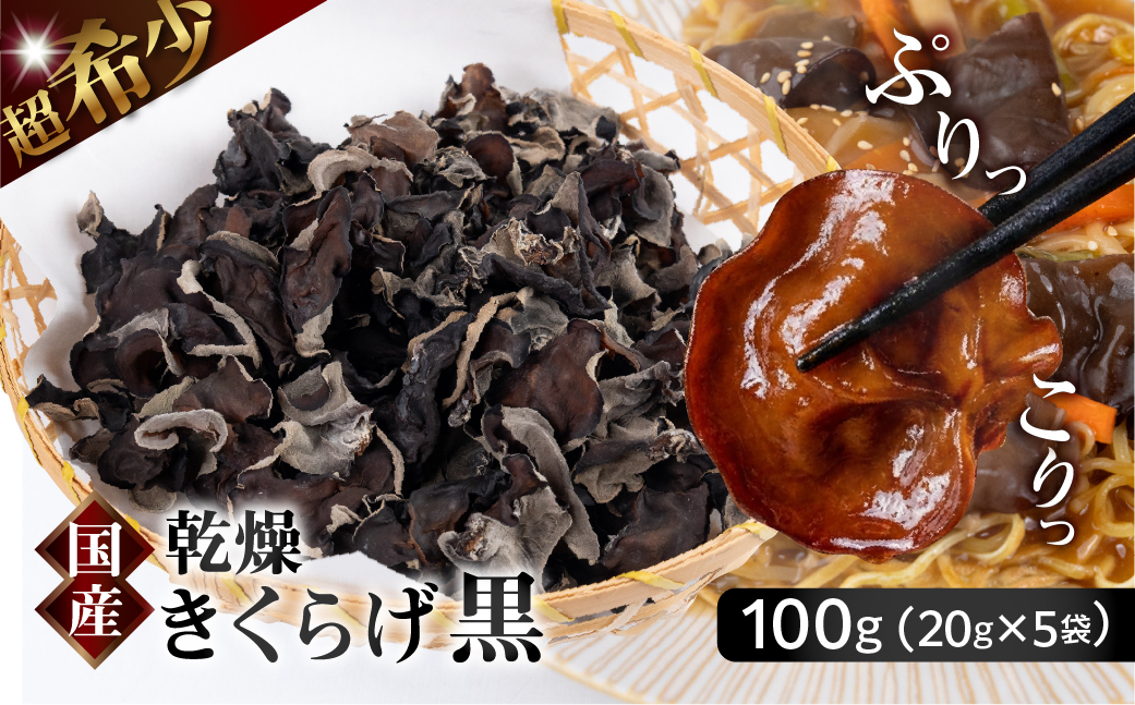 先行予約受付中 ＼ぷりっと、こりっと／超希少 乾燥きくらげ 黒 国産 100g 20g × 5袋 個包装 小分け きくらげ キクラゲ 木耳 乾燥 きのこ キノコ 保存 便利 産地直送 産直 野菜 農薬不使用 7000円 7千円 ベジファームおおがき ゼロックス 岐阜県 大垣市