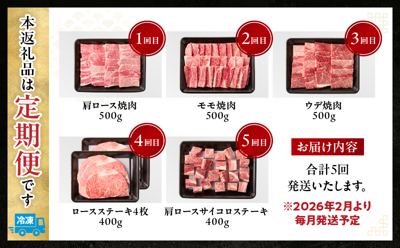 【5か月定期便】宮崎牛焼肉定期便 宮崎牛 牛肉 お肉 国産牛 ブランド牛 和牛 焼肉 スライス ステーキ サイコロステーキ ウデ焼肉 モモ焼肉 定期便 霜降り 贈答用 贈答 贈り物 プレゼント 記念日