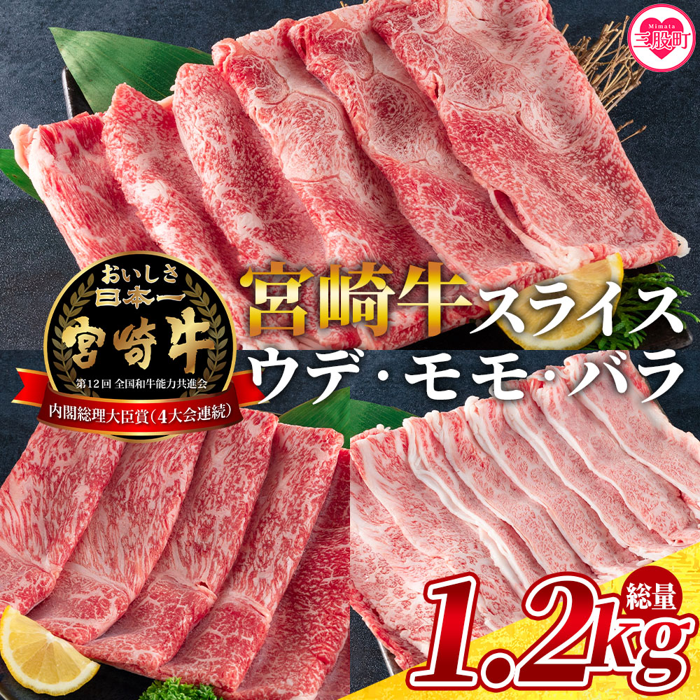 ＜宮崎牛(ウデ、モモ、バラ)のスライス 総量1.2kg＞《毎月数量限定》宮崎牛スライスセット【MI127-my】【ミヤチク】