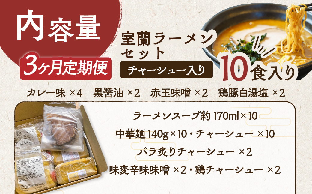 【3ヶ月定期便】室蘭ラーメンセット（カレー味4、醤油2、味噌2、塩2）10食セット道産小麦100％麺140g×10、自家製チャーシュー付き MROA164