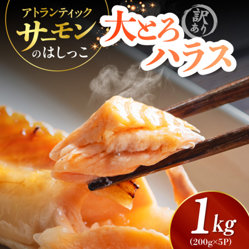 訳あり 総量1kg! アトランティックサーモンの大とろハラス 200g×5P 小分け 鮭ハラス 腹ヒレ肉 昆布塩加工 はしっこ 099H5085