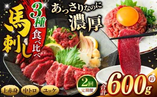 馬刺し 【2ヶ月定期便】 3種 食べ比べ セット 約600g （ 訳あり 上赤身 ・ 霜降り 中トロ ・ 馬肉 ユッケ 各約200g ） | 馬刺し 上赤身 霜降り 中トロ 馬刺し 馬肉ユッケ あっさり 馬刺 長野 信州 濃い旨み 馬肉 お肉 刺身 冷凍 小分け 送料 無料 伊那 信州【034-12】