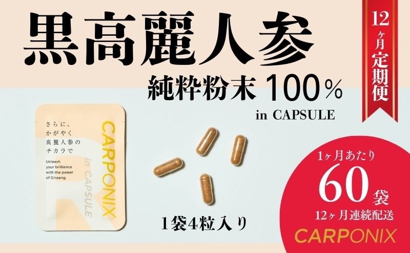 
            黒高麗人参「CARPONIX」4粒入り×60袋 【定期便 12ヶ月】 サプリメント サプリ 黒高麗人参 カプセル ジンセノサイド 千葉市 [№5346-1525]
          