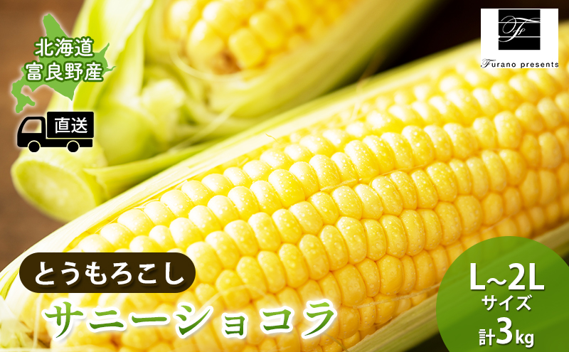 【2025年8月～発送】北海道 富良野市 とうもろこし サニーショコラ 黄色 L～2L サイズ 計3kg ふらの 野菜 トウモロコシ とうきび 数量限定 (フラノプレゼンツ)