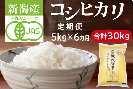 〈令和7年産 新米〉【定期便6カ月】 有機栽培米 新潟産コシヒカリ 5kg×6回（計30kg）有機JAS認証