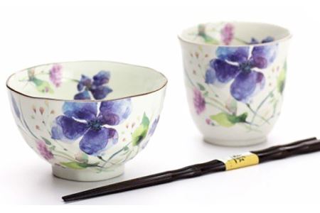 【美濃焼】「＆藍」and-ai 夫婦茶碗セット『花水彩』柄【エー・アイ】 食器 ご飯茶碗 湯呑み 花柄 ペア [TAG002]