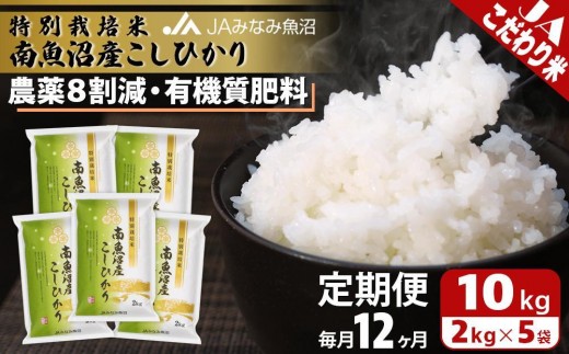 
                  【JAみなみ魚沼定期便】特別栽培米南魚沼産こしひかり8割減（2kg×5袋×全12回） ≪精米 農薬8割削減 有機肥料 精米HACCP認定工場 特A獲得日本一産地 高品質精米 もっちり甘い 南魚沼産コシヒカリ 定期便 コシヒカリ こしひかり 銘柄米≫
                